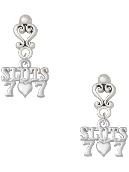 Silver Plated Slots with Heart and Lucky 7s - Filigree Heart Post Earrings