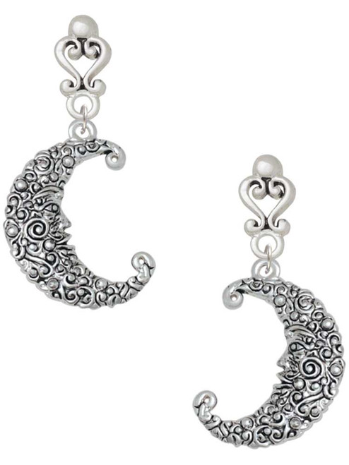Silver Plated Large Swirl Man in Moon - Filigree Heart Post Earrings