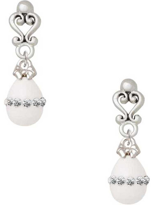 Silver Plated White Easter Egg with Clear Crystal Band - Filigree Heart Post Earrings