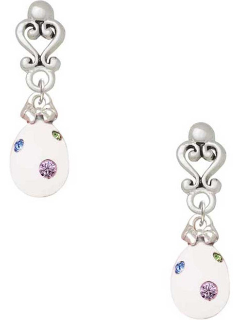 Silver Plated White Easter Egg with Color Crystal Dots - Filigree Heart Post Earrings