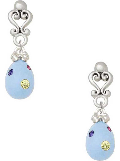 Silver Plated Light Blue Easter Egg with Multicolored Crystal Dots - Filigree Heart Post Earrings