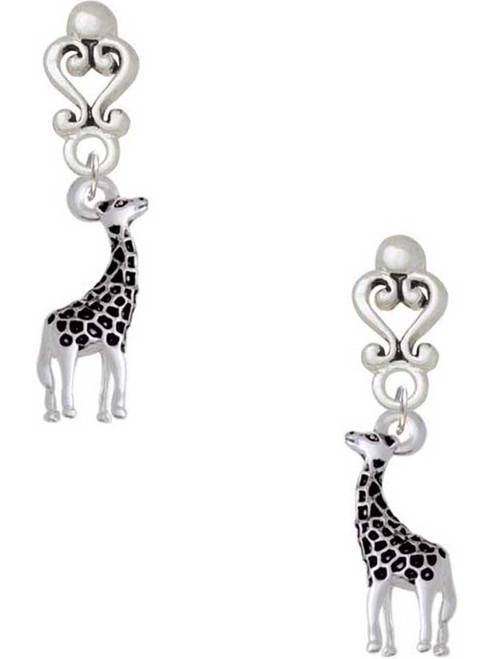 Silver Plated Antiqued Giraffe - Filigree Heart Post Earrings