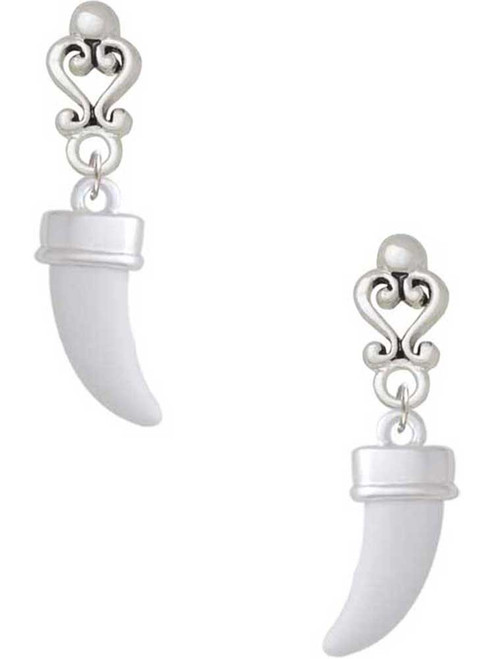 Silver Plated Enamel White Tooth - Filigree Heart Post Earrings