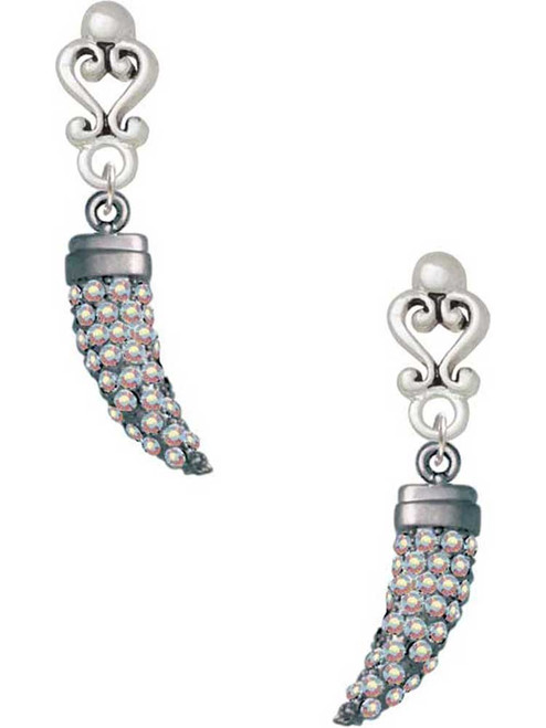 Black Nickeltone Large AB Crystal Tooth - Filigree Heart Post Earrings