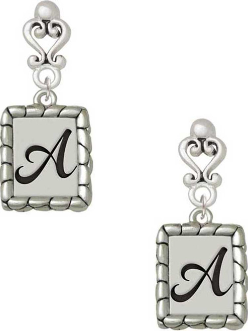 Silver Plated Pebble Border Initial - A - Filigree Heart Post Earrings