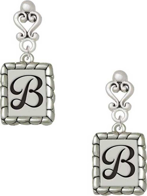 Silver Plated Pebble Border Initial - B - Filigree Heart Post Earrings