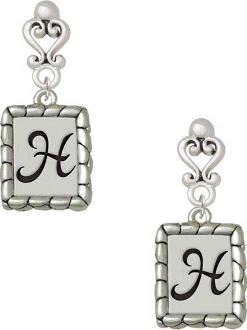 Silver Plated Pebble Border Initial - H - Filigree Heart Post Earrings