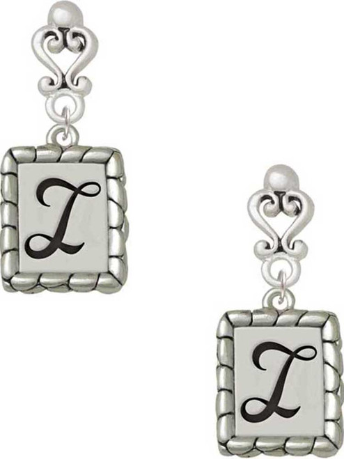 Silver Plated Pebble Border Initial - I - Filigree Heart Post Earrings