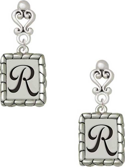 Silver Plated Pebble Border Initial - R - Filigree Heart Post Earrings