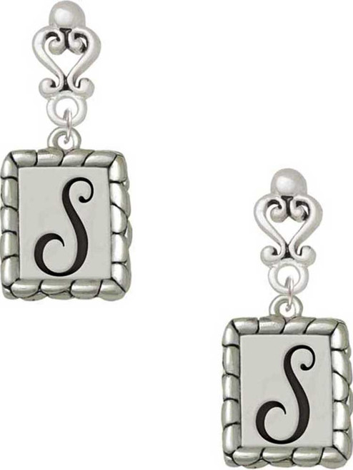 Silver Plated Pebble Border Initial - S - Filigree Heart Post Earrings