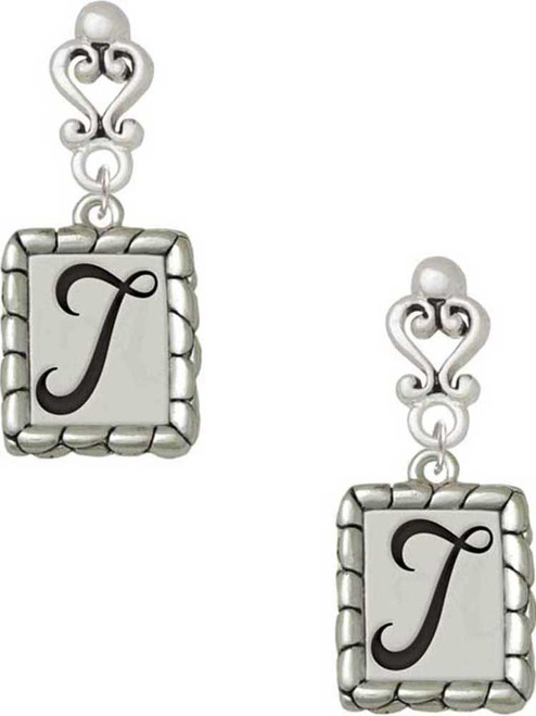 Silver Plated Pebble Border Initial - T - Filigree Heart Post Earrings