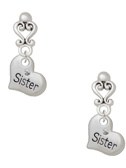 Silver Plated Small ''Sister'' Heart with Clear Crystal - Filigree Heart Post Earrings