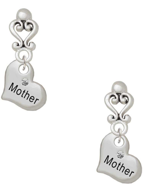 Silver Plated Small ''Mother'' Heart with Clear Crystal - Filigree Heart Post Earrings