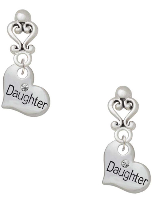 Silver Plated Small ''Daughter'' Heart with Clear Crystal - Filigree Heart Post Earrings