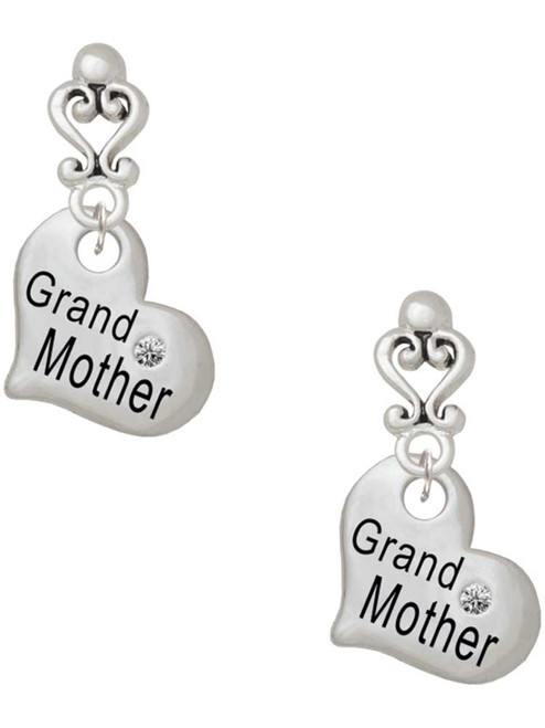 Silver Plated Large ''Grandmother'' Heart with Clear Crystal - Filigree Heart Post Earrings