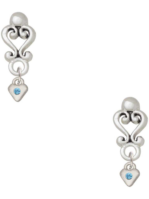 Silver Plated Mini March - Hot Blue Crystal Heart - Filigree Heart Post Earrings