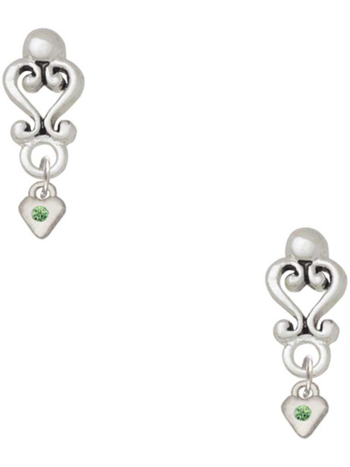 Silver Plated Mini August - Lime Green Crystal Heart - Filigree Heart Post Earrings