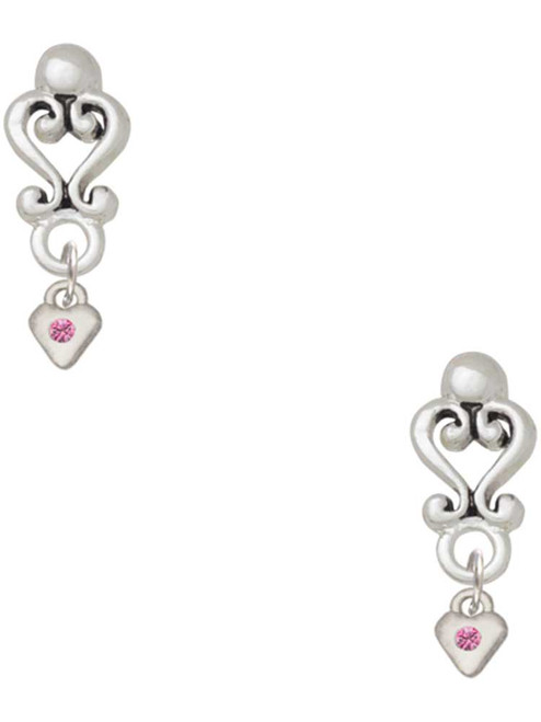 Silver Plated Mini October - Hot Pink Crystal Heart - Filigree Heart Post Earrings