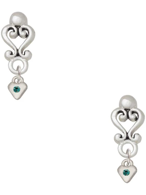 Silver Plated Mini December - Teal Crystal Heart - Filigree Heart Post Earrings