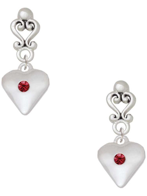 Silver Plated Large January - Maroon Crystal Heart - Filigree Heart Post Earrings