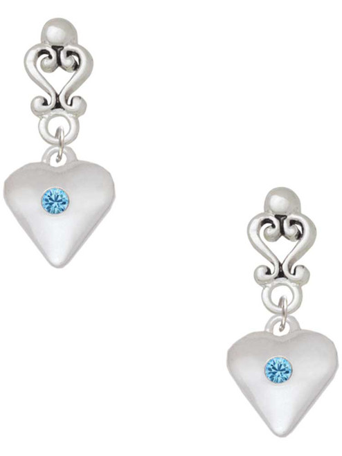 Silver Plated Large March - Hot Blue Crystal Heart - Filigree Heart Post Earrings