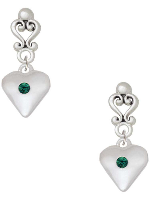 Silver Plated Large May - Green Crystal Heart - Filigree Heart Post Earrings