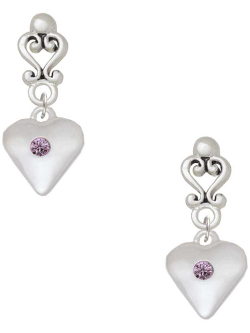 Silver Plated Large Light Purple Crystal Heart - Filigree Heart Post Earrings