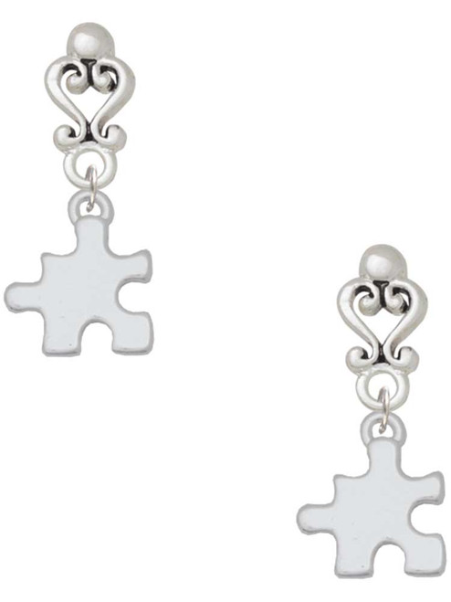 Silver Plated Puzzle Piece - Filigree Heart Post Earrings