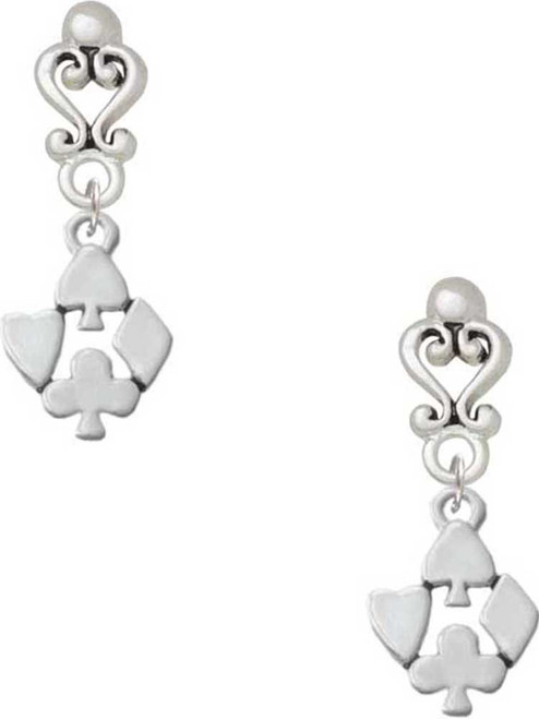 Silver Plated Card Suits - Filigree Heart Post Earrings