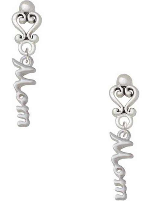 Silver Plated Small Mom Script - Filigree Heart Post Earrings