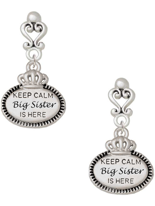 Silver Plated Keep Calm Big Sister is Here - Filigree Heart Post Earrings
