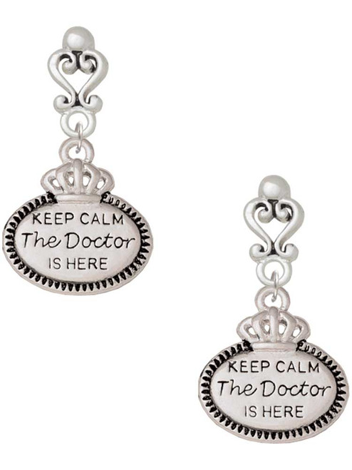 Silver Plated Keep Calm The Doctor is Here - Filigree Heart Post Earrings