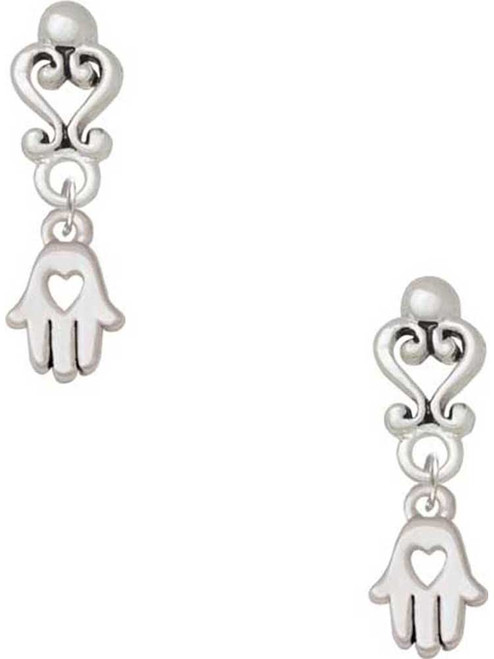 Silver Plated Small Heart Hamsa Hand - Filigree Heart Post Earrings