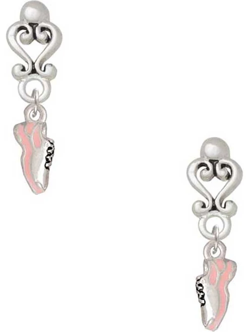 Silver Plated Mini Pink Running Shoe - Filigree Heart Post Earrings