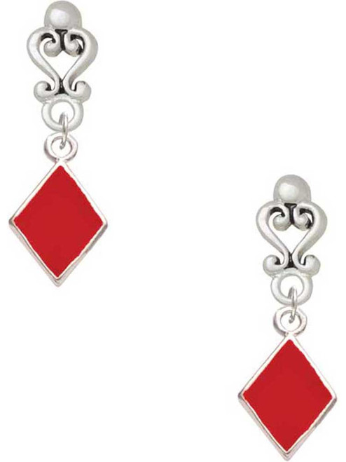 Silver Plated Card Suit - Red Diamond - Filigree Heart Post Earrings