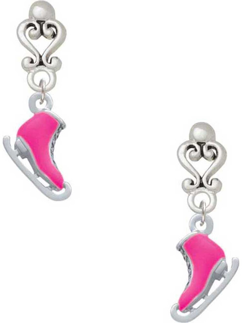 Silver Plated 3-D Hot Pink Ice Skate - Filigree Heart Post Earrings