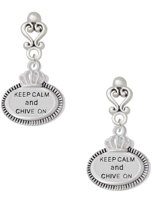 Silver Plated Keep Calm and Chive On - Filigree Heart Post Earrings