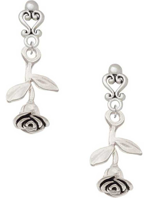 Silver Plated Stemmed Rose - Filigree Heart Post Earrings