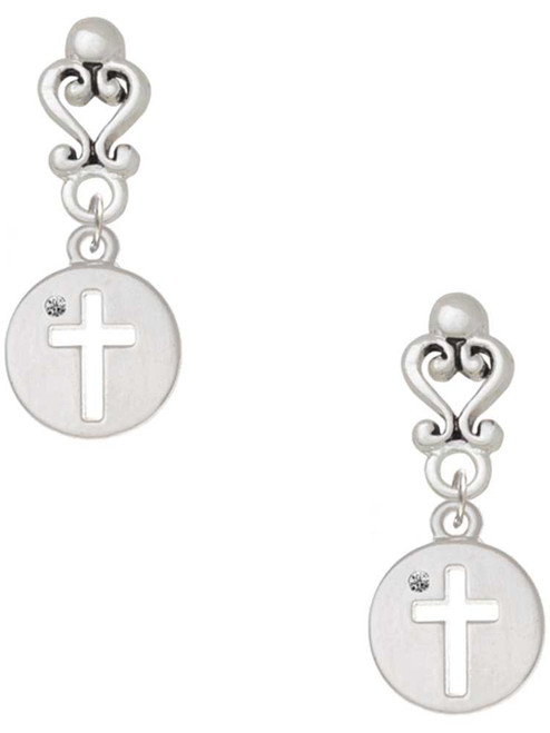 Silver Plated Cross Silhouette - Filigree Heart Post Earrings