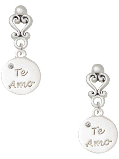 Silver Plated Te Amo Disc - Filigree Heart Post Earrings