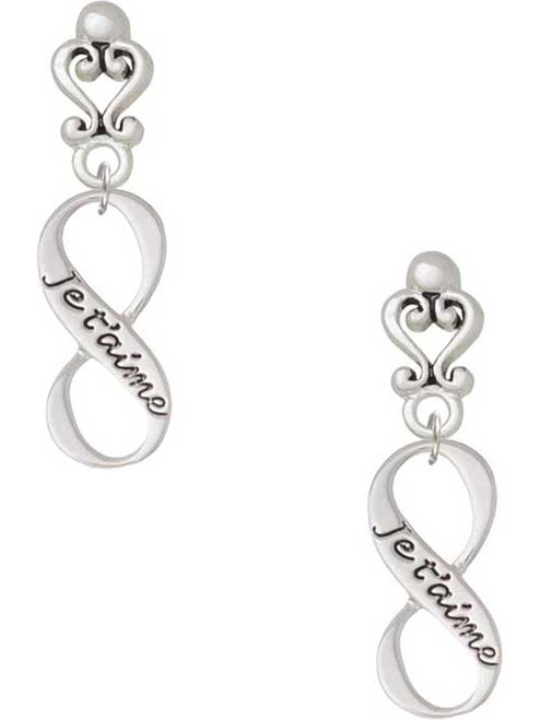 Silver Plated Je T'aime Infinity Sign - Filigree Heart Post Earrings