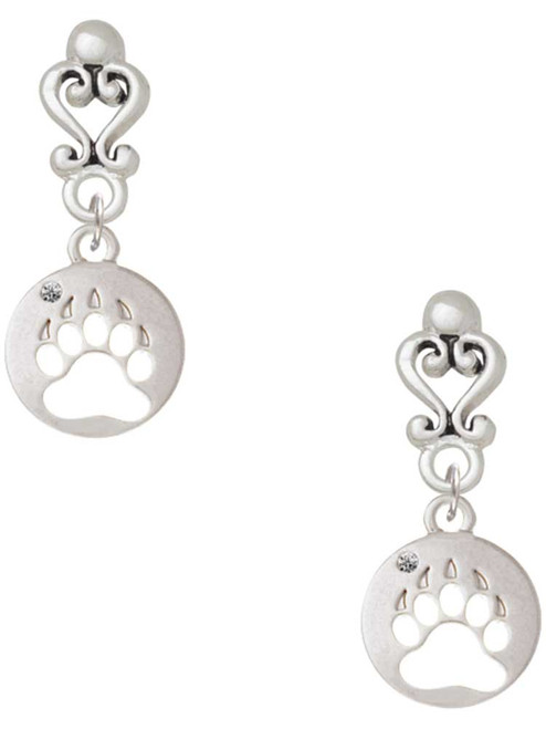Silver Plated Bear Paw Silhouette - Filigree Heart Post Earrings