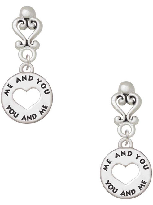 Silver Plated You and Me Disc - Filigree Heart Post Earrings
