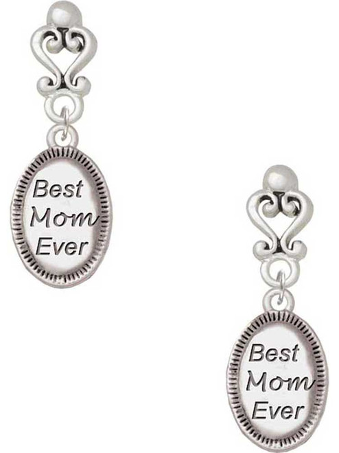 Silver Plated Best Mom Ever Oval - Filigree Heart Post Earrings