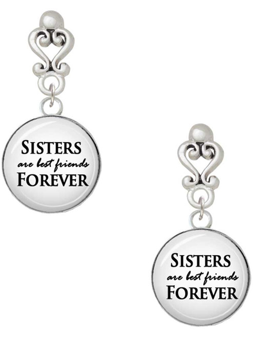Silver Plated Domed Sisters are Best Friends Forever - Filigree Heart Post Earrings