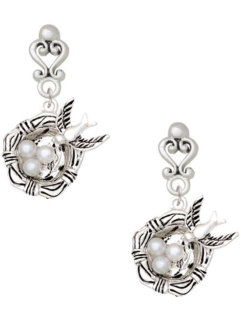 Silver Plated Birds Nest with Imitation Pearl Eggs - Filigree Heart Post Earrings