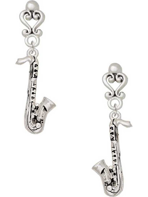 Silver Plated Saxophone - Filigree Heart Post Earrings
