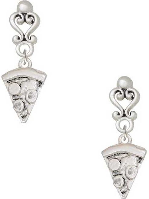 Silver Plated Pizza Slice - Filigree Heart Post Earrings