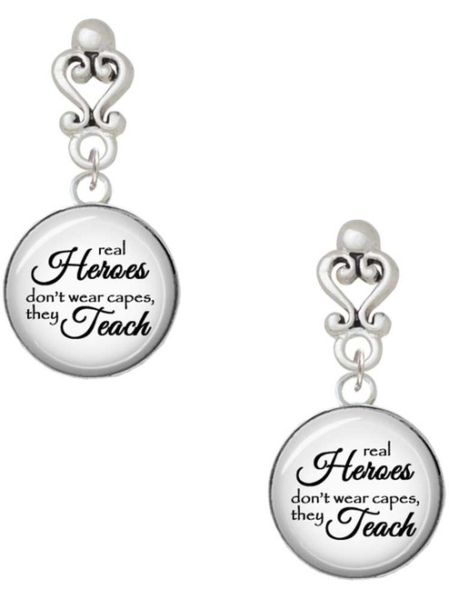 Silver Plated Domed Real Heroes Teach - Filigree Heart Post Earrings