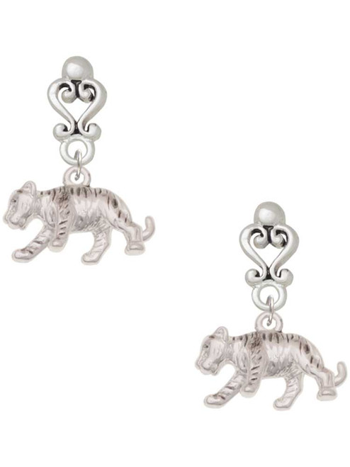 Silver Plated Tiger Cub - Filigree Heart Post Earrings